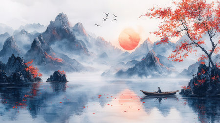 Beautiful landscape with lake and mountain at sunset. Digital painting.の素材