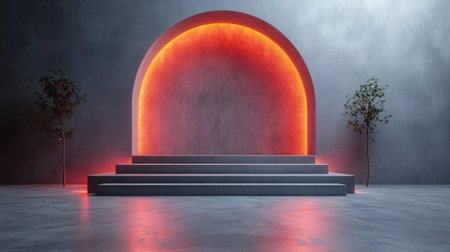 3D rendering of a concrete podium with a red arch and a tree.の素材