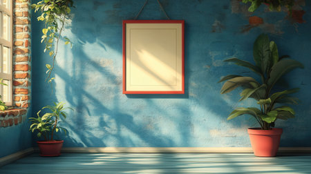3D rendering of an empty room with plants and a picture frameの素材