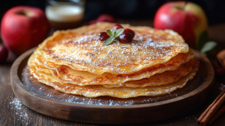 Homemade pancakes with apples and cinnamon on a wooden background. Selective focus.の素材