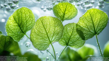 Leaves of Asiatic pennywort in water with bubblesの素材