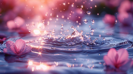 Splash of water with pink flowers petals and water drops.の素材