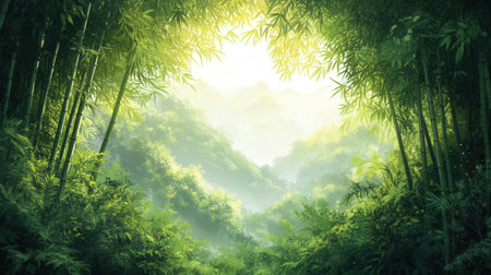 Bamboo forest with sunlight and fog in the morning, Nature background.の素材