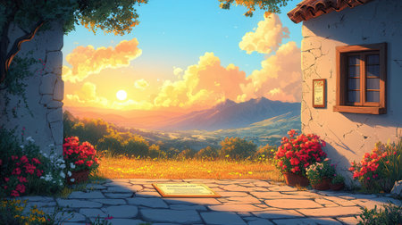 3D render of a beautiful landscape with a house and a graveの素材