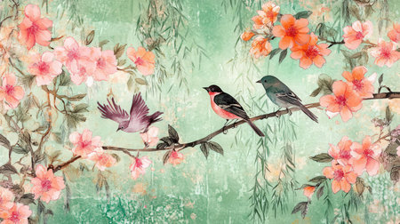 Watercolor painting of cherry blossom, sakura and bird on branchの素材