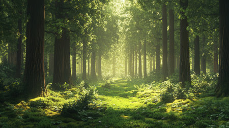 Beautiful green forest with sunbeams. Nature background. 3d renderの素材