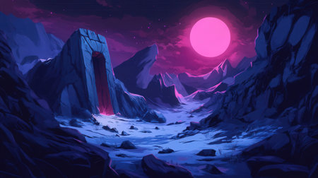 Fantasy landscape with mountains and red moon. 3d illustration.の素材