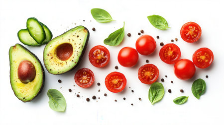 Avocado, cherry tomatoes, basil and spices on white background, top viewの素材