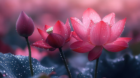 Pink lotus with dew drops on the petals and leavesの素材