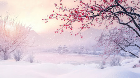 Beautiful winter landscape with snow covered trees and lake at sunrise.の素材