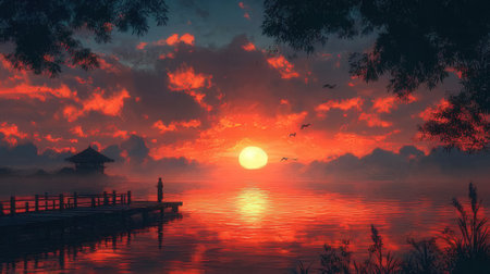 Sunset over the lake with wooden pier and bamboo hut in the backgroundの素材