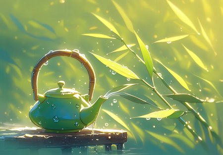 teapot and bamboo leaves on a wooden table in the sunlightの素材