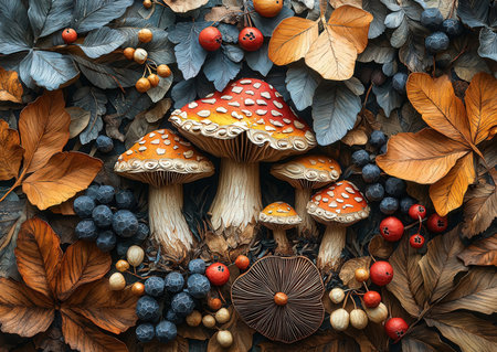 Autumn background with mushrooms, berries and leaves. Top view.の素材