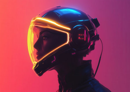 Astronaut helmet in neon light. Futuristic concept. 3D Renderingの素材