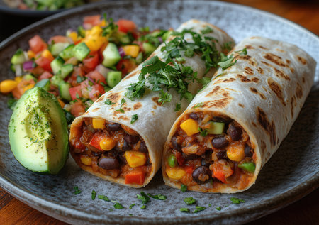 Mexican burritos with beans, corn, avocado and salsaの素材