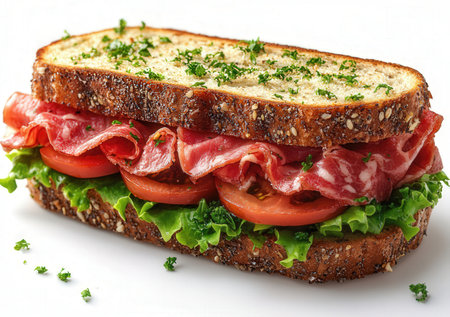 Sandwich with salami, lettuce and tomato on a white backgroundの素材