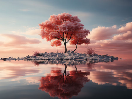 beautiful autumn tree on the lake at sunset, 3d renderの素材