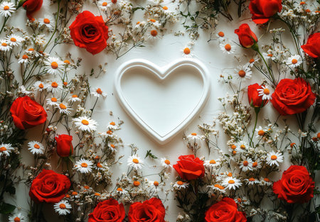 Valentine's Day background with red roses, chamomile and white heartの素材
