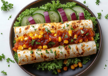 Mexican burritos with corn, cucumber and tomato sauceの素材