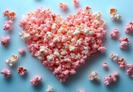 Heart shaped popcorn on color background, top view. Valentine's day celebrationの素材