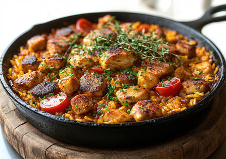 Delicious paella with chicken, rice and vegetables in a frying panの素材