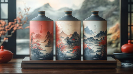 3d illustration of three bottles with chinese hieroglyphsの素材