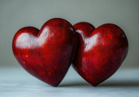 Two red wooden hearts on a light background. Valentine's Day.の素材