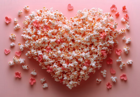 Heart shaped popcorn on pink background. Flat lay, top view.の素材