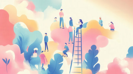 Teamwork concept illustration. Group of people standing on ladder to success.の素材
