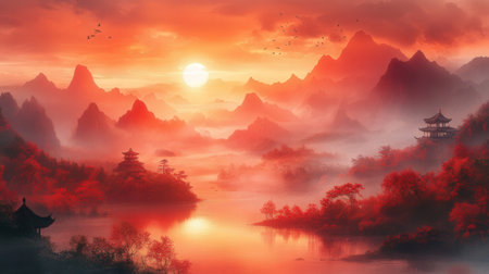 Landscape with pagoda and mountains in the mist at sunrise.の素材