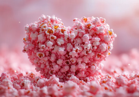 Pink heart-shaped popcorn on a pink background. Valentine's Day.の素材