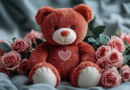 Teddy bear with pink roses on the bed, valentines day conceptの素材