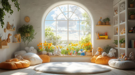 3d render of children's room with a large window and flowersの素材