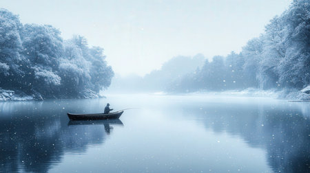 Fisherman in a boat on a misty lake in winterの素材