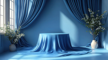 blue room with blue curtains and round podium 3d rendering image.の素材
