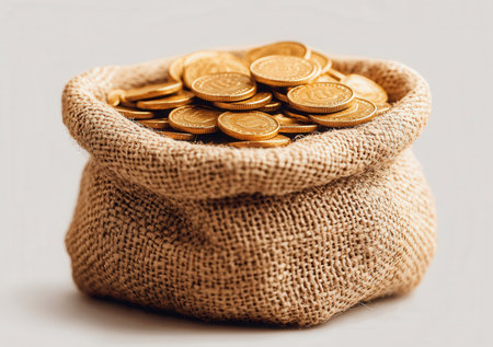 Coins in a bag made of burlap on a white backgroundの素材