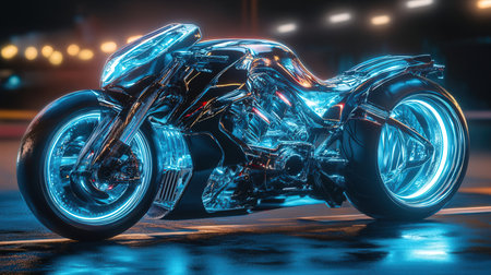 3D rendering of a motorcycle with neon lights on the background.の素材