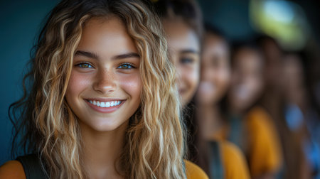 Portrait of smiling schoolgirl standing with classmates in corridor at schoolの素材