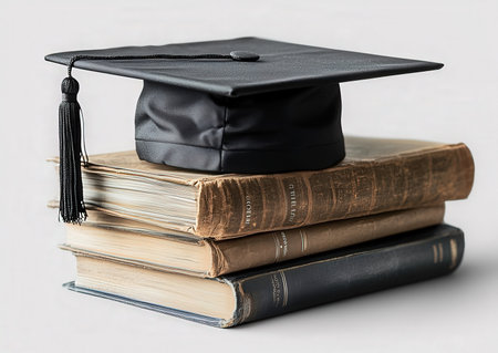 Graduation cap and books on a white background. Education concept.の素材