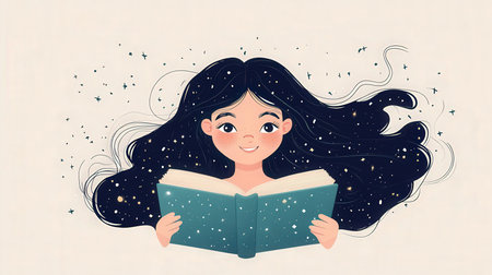 Vector illustration of a girl reading a book. Cute cartoon character.の素材