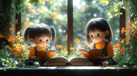 Cute little girl and boy reading book in the garden with sunlightの素材
