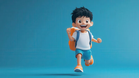 3d illustration of a cute asian boy with backpack running on blue backgroundの素材