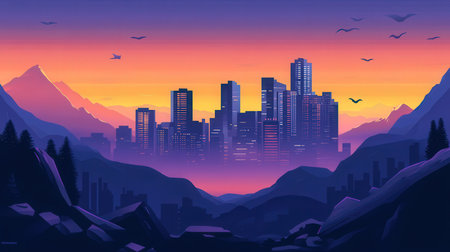 City at sunset in the mountains. Vector illustration of a cartoon style.の素材