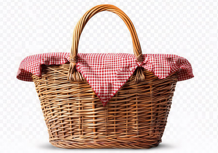 Wicker picnic basket with red checkered tablecloth isolated on transparent background.の素材