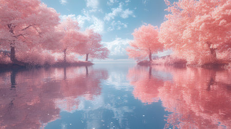 Cherry blossom trees reflected in the lake. Nature background.の素材