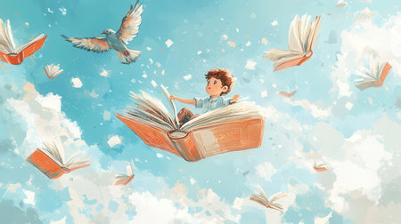 Illustration of a boy reading a book and flying in the skyの素材