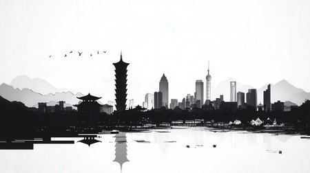 Panoramic view of Hangzhou city, China. Double exposureの素材