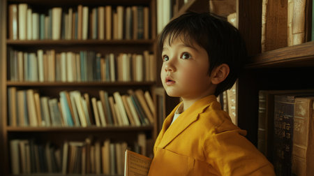 Portrait of a cute little boy in the library, vintage toneの素材