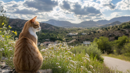 Portrait of a cat on a background of mountains and flowers.の素材