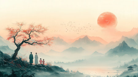 Silhouette of a family on the mountain with beautiful landscape backgroundの素材